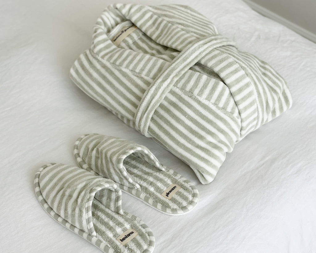 Business & Pleasure Robe & Slipper Set Lauren Sage Stripe ORNAMENT