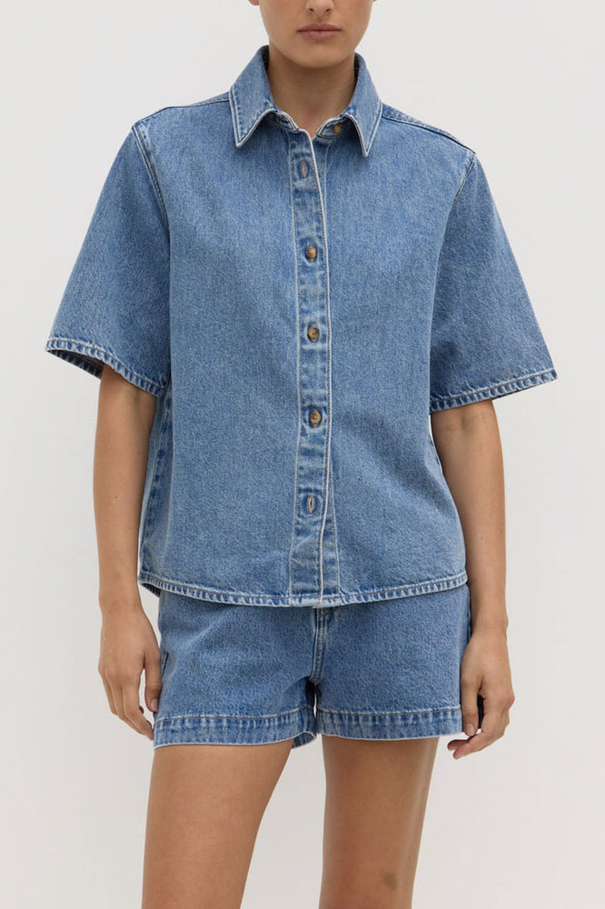 Assembly Label | Boxy Denim Short Sleeve Shirt | Dark Stone