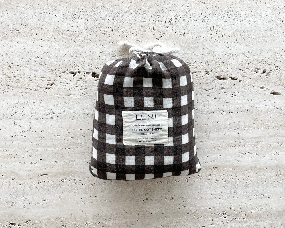 Leni The Label | Fitted Cot Sheet | Choc Gingham