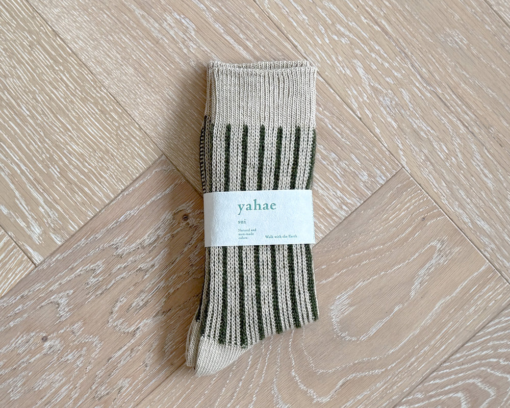 Yahae Socks | Organic Cotton Mohair Stripe | Olive