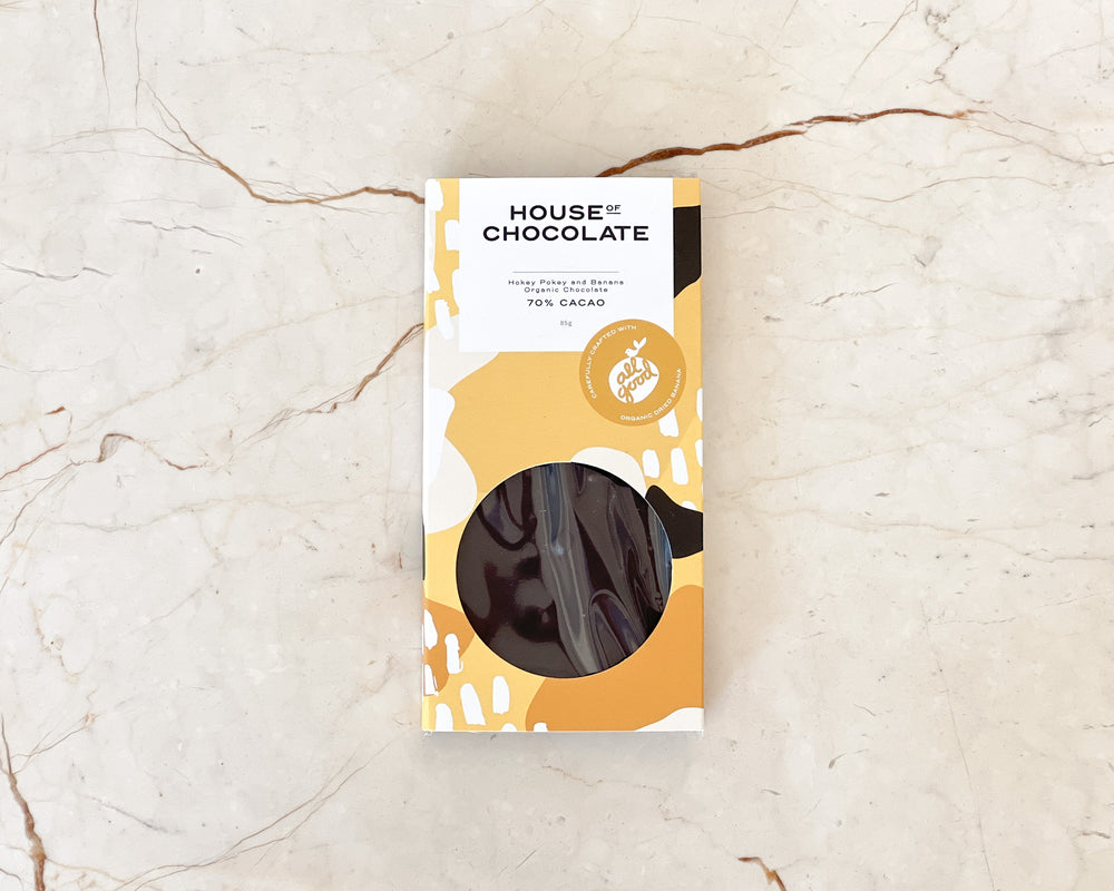House of Chocolate | Dried Banana & Honeycomb Organic 70% Dark Chocolate Bar