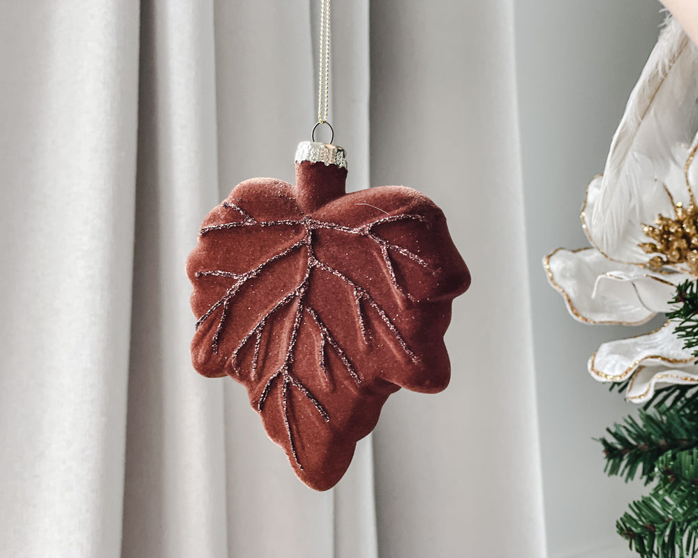 Velvet Oak Leaf Christmas Decoration | Set of 2